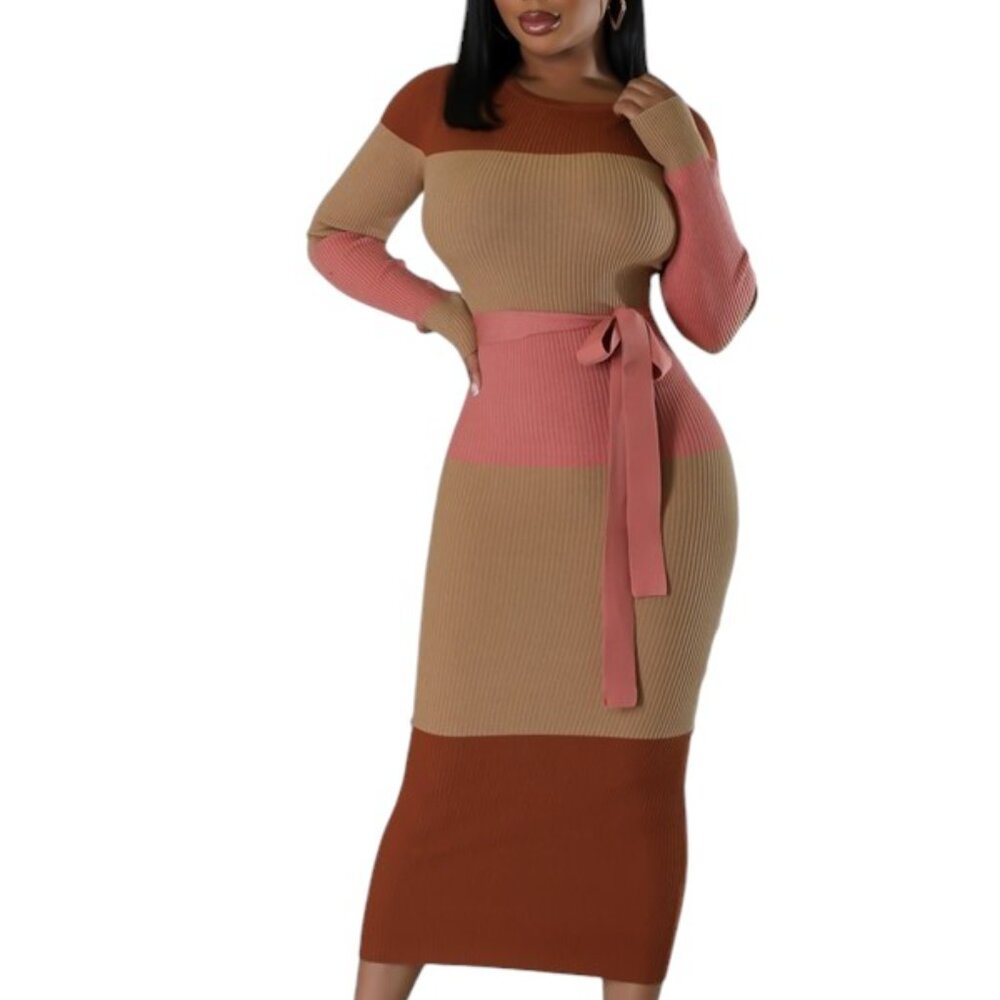 Stretch Long-Sleeve Fitted Midi Sweater Dress